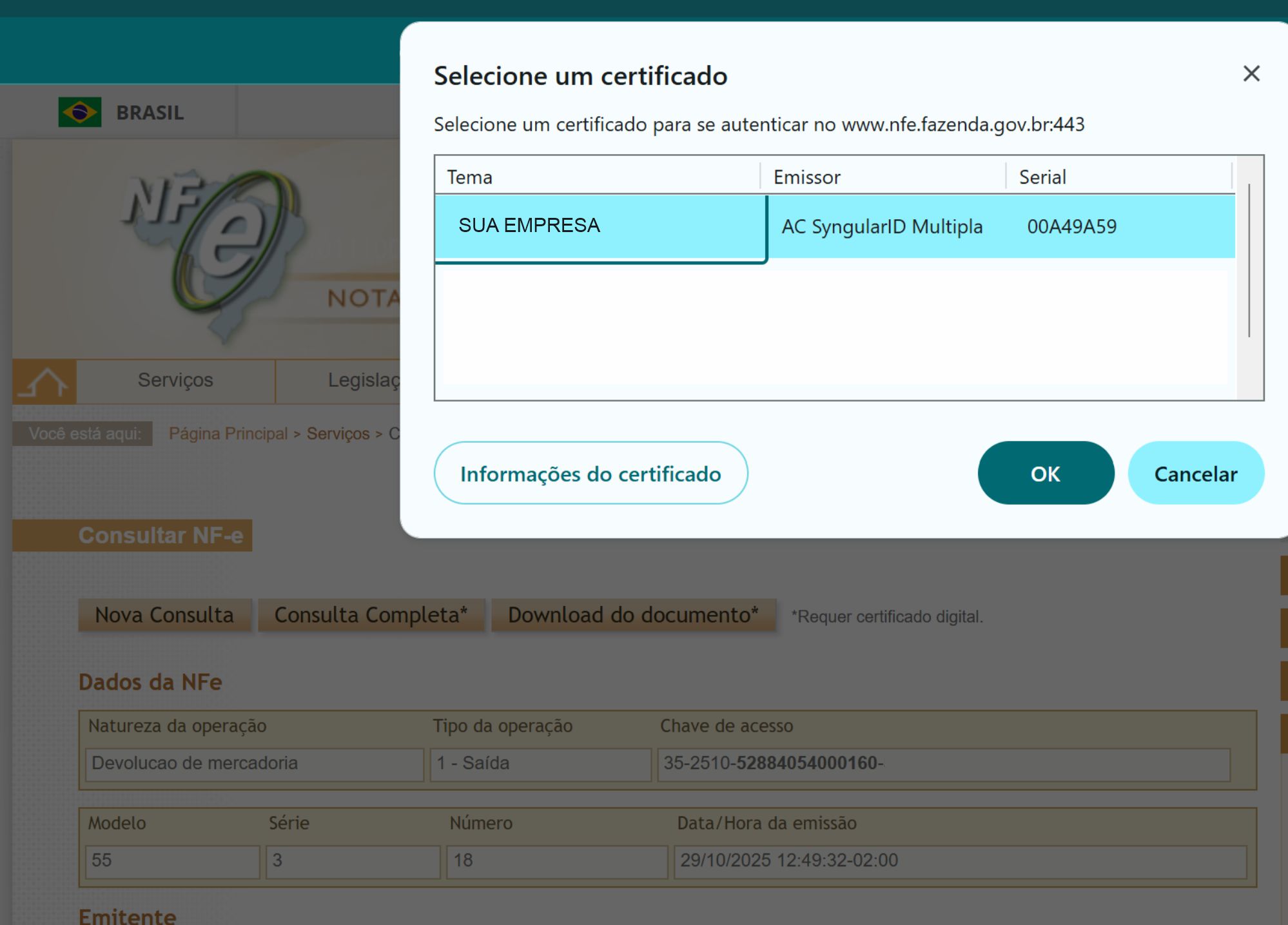 Print com chave digitada e popup do certificado